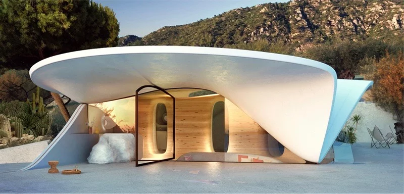 η πρόσοψη της φουτουριστικής κατοικίας στη μεσσηνία που μοιάζει με διαστημικό γλυπτό. 