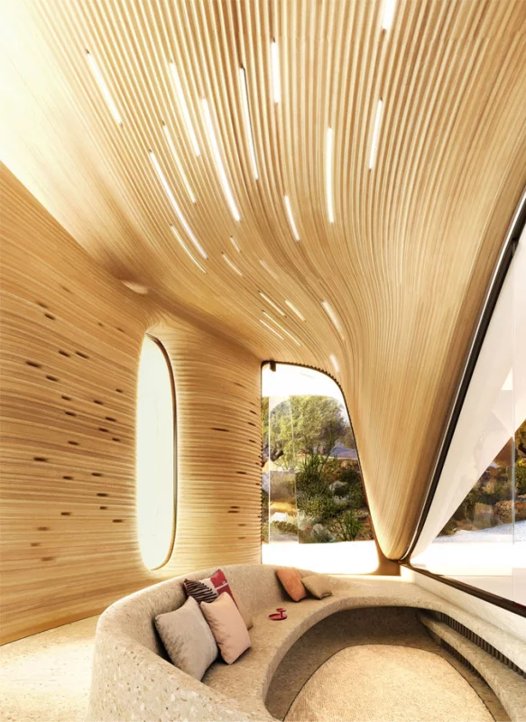 Ο φωτισμός είναι ενσωματωμένος στο ξύλινο πλέημα με το οποίο είναι επενδυμένη η οροφή. 