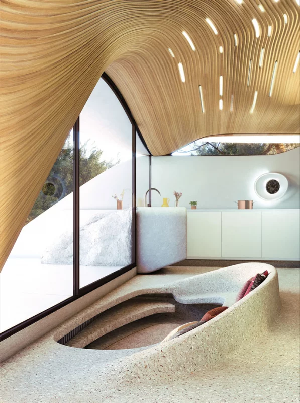 ο ο καναπές είναι ενσωματωμένος σαν φωλιά στο πάτωμα, ενώ η ξύλινη επένδυση στην οροφή δημιουργεί ένα εντυπωσιακό εφέ.