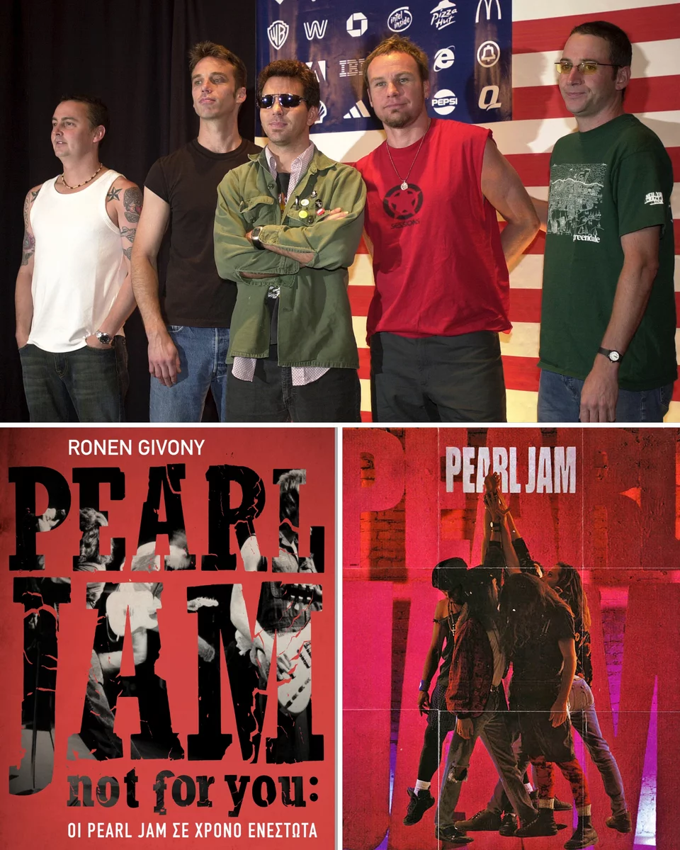 Πάνω: Η μπάντα Pearl Jam - Κάτω: Το εξώφυλλο της βιογραφίας και εξωφυλλο από δισκο των Pearl Jam.