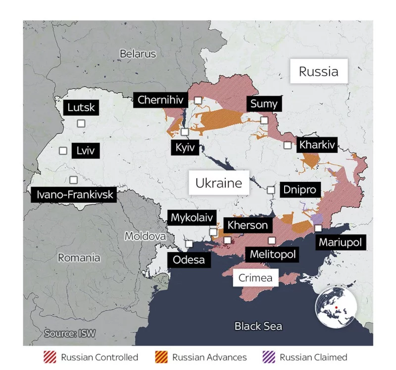Τα μέτωπα του πολέμου στην Ουκρανία και τα εδάφη που έχουν καταλάβει οι ρωσικές δυνάμεις σύμφωνα με στοιχεία του Ινστιτούτου για την Μελέτη του Πολέμου