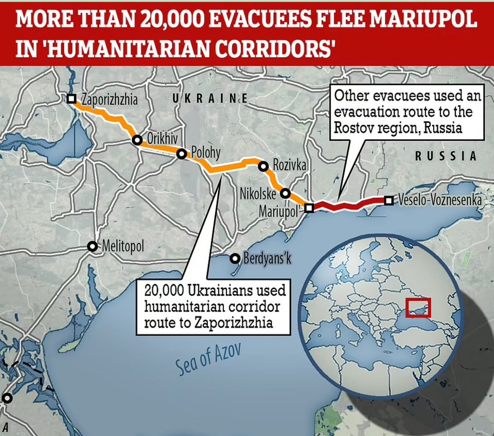 Γραφικό της Daily Mail δείχνει τους δύο ανθρωπιστικούς διαδρόμους που άνοιξαν από τη Μαριούπολη χθες και το που οδηγούσαν