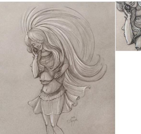 Detaje e skicës që tregon gruan e tretë dhe të katërt