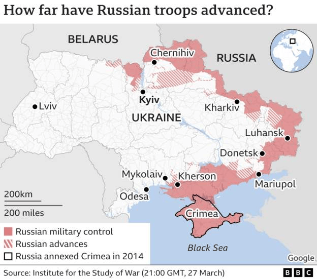 Χάρτης του BBC, που δείχνει τις περιοχές που έχουν καταλάβει οι ρωσικές δυνάμεις