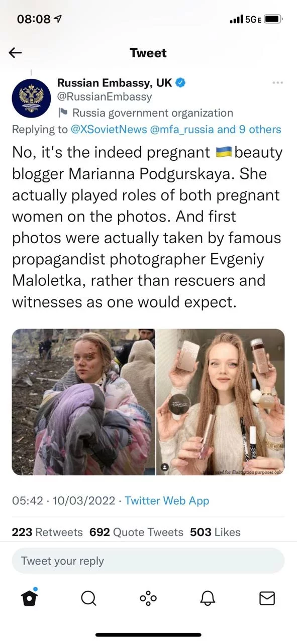 Γέννησε η Μαριάνα Ποντγκούρσκαγια - Ο σάλος με τη φωτογραφία μετά τον ρωσικό βομβαρδισμό στο μαιευτήριο 3 Η ανάρτηση της Ρωσικής πρεσβείας στο Ηνωμένο Βασίλειο