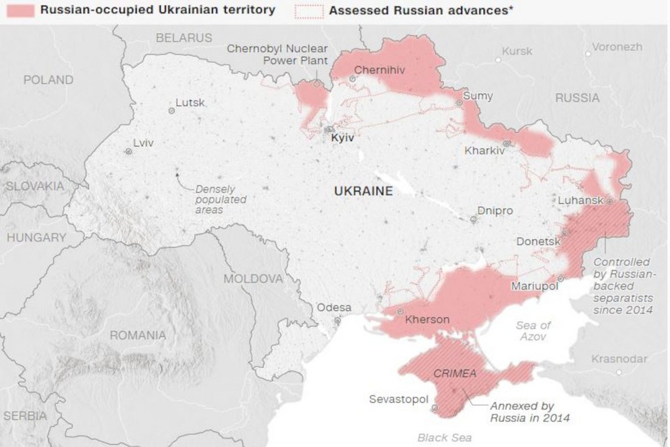 Χάρτης προέλασης ρωσικών στρατευμάτων έως την 21η Μαρτίου / Φωτογραφία: CNN