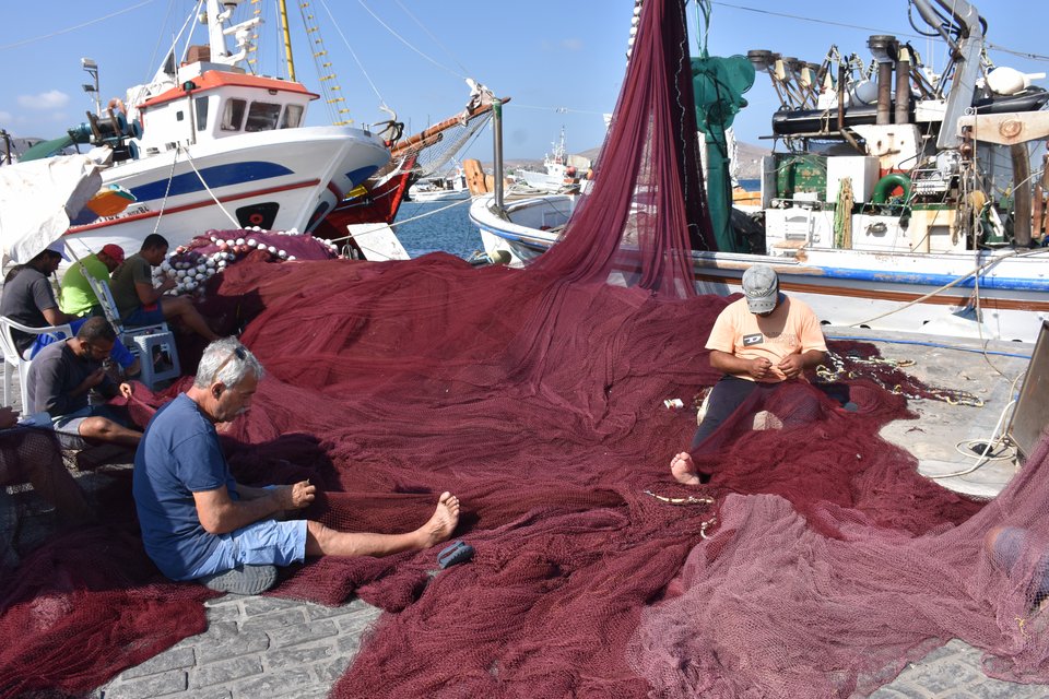 Συζητάει με τους ψαράδες που μπαλώνυν τα δίχτυα τους στον ήλιο και διαλέγει τα πιο φρέσκα θαλασσινά και ψάρια που της έχουν φυλλάξει - Φωτογραφία: Νίκη Μηταρέα