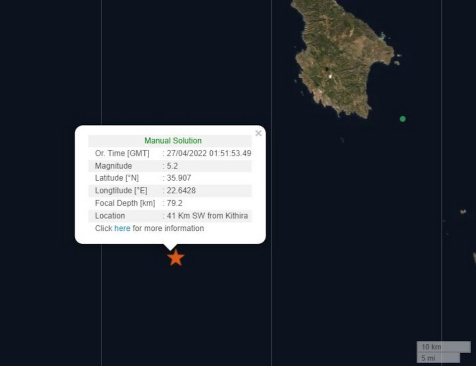 5.2 Richter tremor shakes Kythera / Νational observatory of Athens