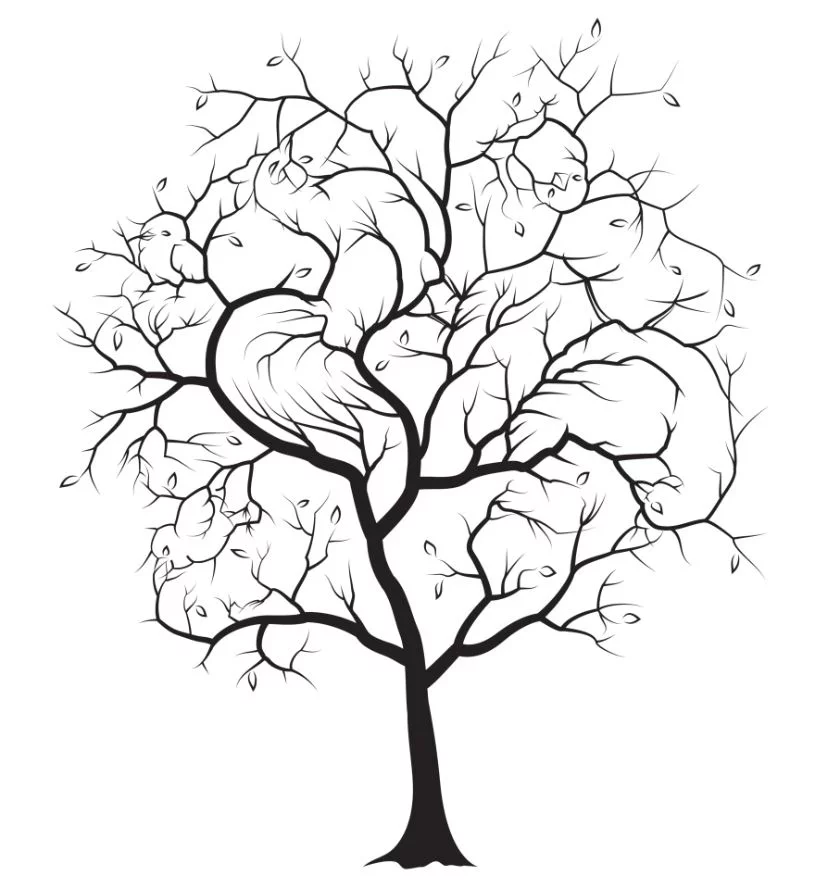 Ένας κόκορας, μια κότα και τρία κοτόπουλα είναι κρυμμένα στα κλαδιά