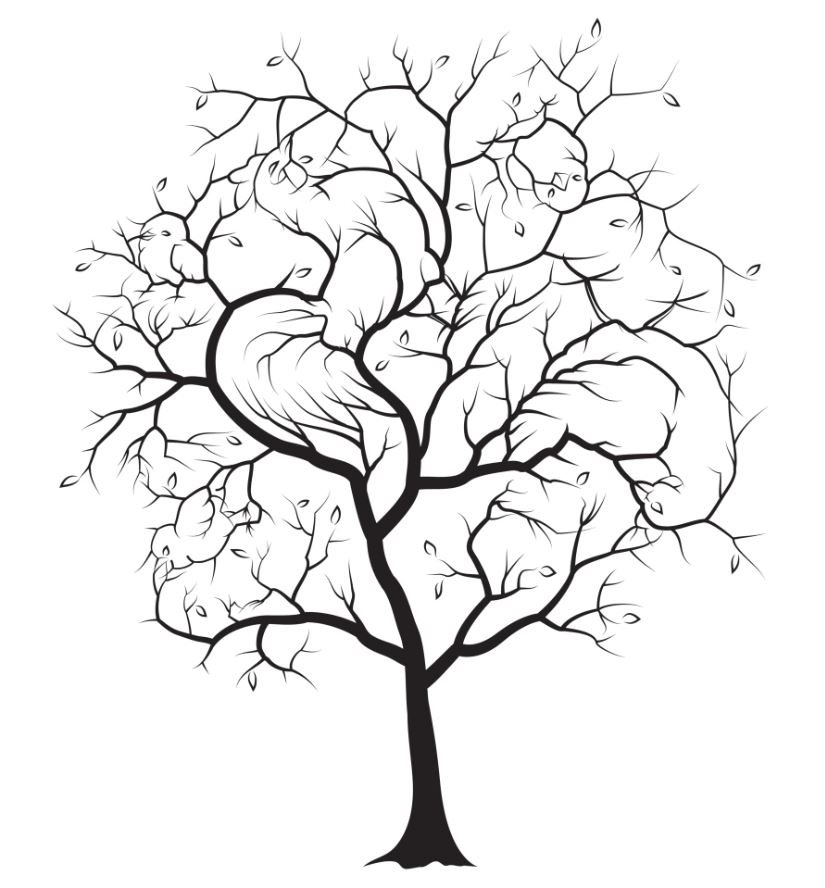 Ένας κόκορας, μια κότα και τρία κοτόπουλα είναι κρυμμένα στα κλαδιά