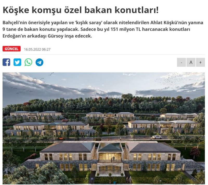 To δημοσίευμα της τουρκικής εφημερίδας Birgun για τις νέες πολυτελείς υπουργικές κατοικίες που σχεδιάζονται δίπλα στο χειμερινό ανάκτορο του Ερντογάν στο Μπιτλίς της ανατολικής Τουρκίας