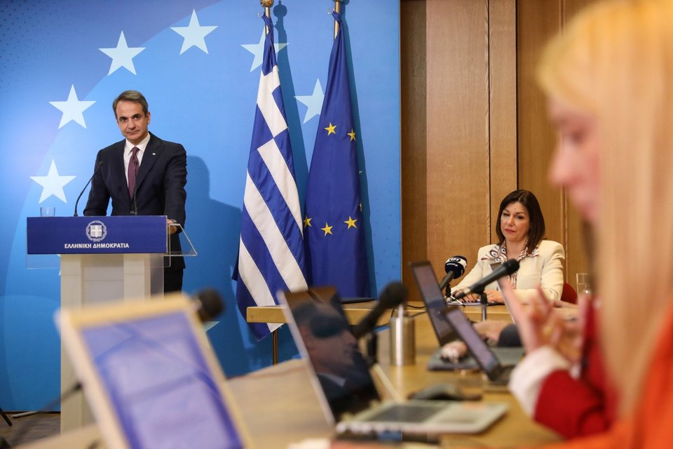 Ο Κυριάκος Μητσοτάκης κατά τη διάρκεια της συνέντευξης Τύπου