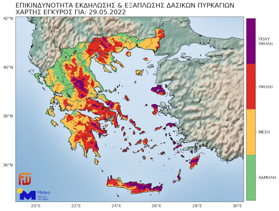 Χάρτης επικινδυνότητας εκδήλωσης και εξάπλωσης δασικών πυρκαγιών για την Κυριακή 29/5/2022 με βάση τον Καναδικό Πυρομετεωρολογικό Δείκτη που υπολογίζει επιχειρησιακά το Εθνικό Αστεροσκοπείο Αθηνών/meteo.gr.