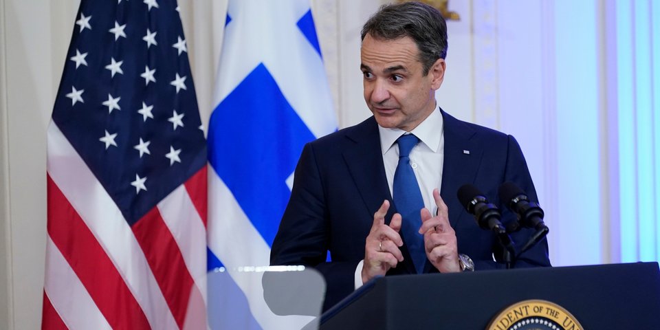 Ο Κυριάκος Μητσοτάκης μιλά στη δεξίωση στον Λευκό Οίκο / Φωτογραφία: AP Photo/Susan Walsh