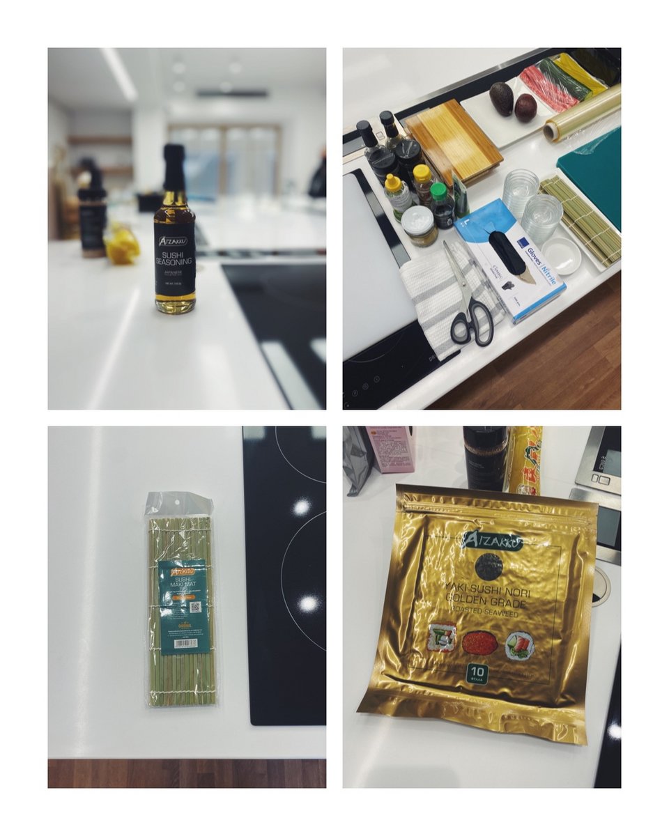 Τα βασικά που χρειάζομαι για να φτιάξω σούσι στο σπίτι: sushi seasoning, makisu (σαν σουπλά από μπαμπού για να τυλίξω το ρολάκι σωστά) και φύκια Nori. 