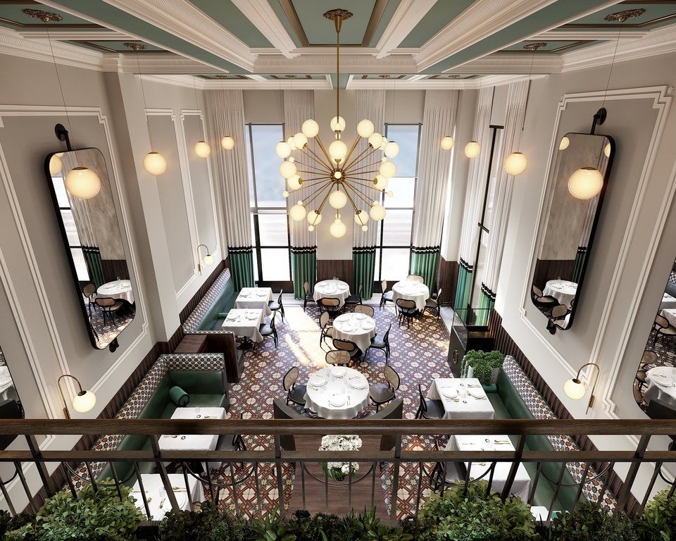 Μόνον ο χώρος του εστιατορίου στοίχισε μισό εκατομμύριο ευρώ. Υφάσματα, φωτιστικά, καρέκλες ταξίδεψαν από όλο τον κόσμο και από ιστορικές εταιρείες. Το πάτωμα απέκτησε ξανά την πρώτη του μορφή.