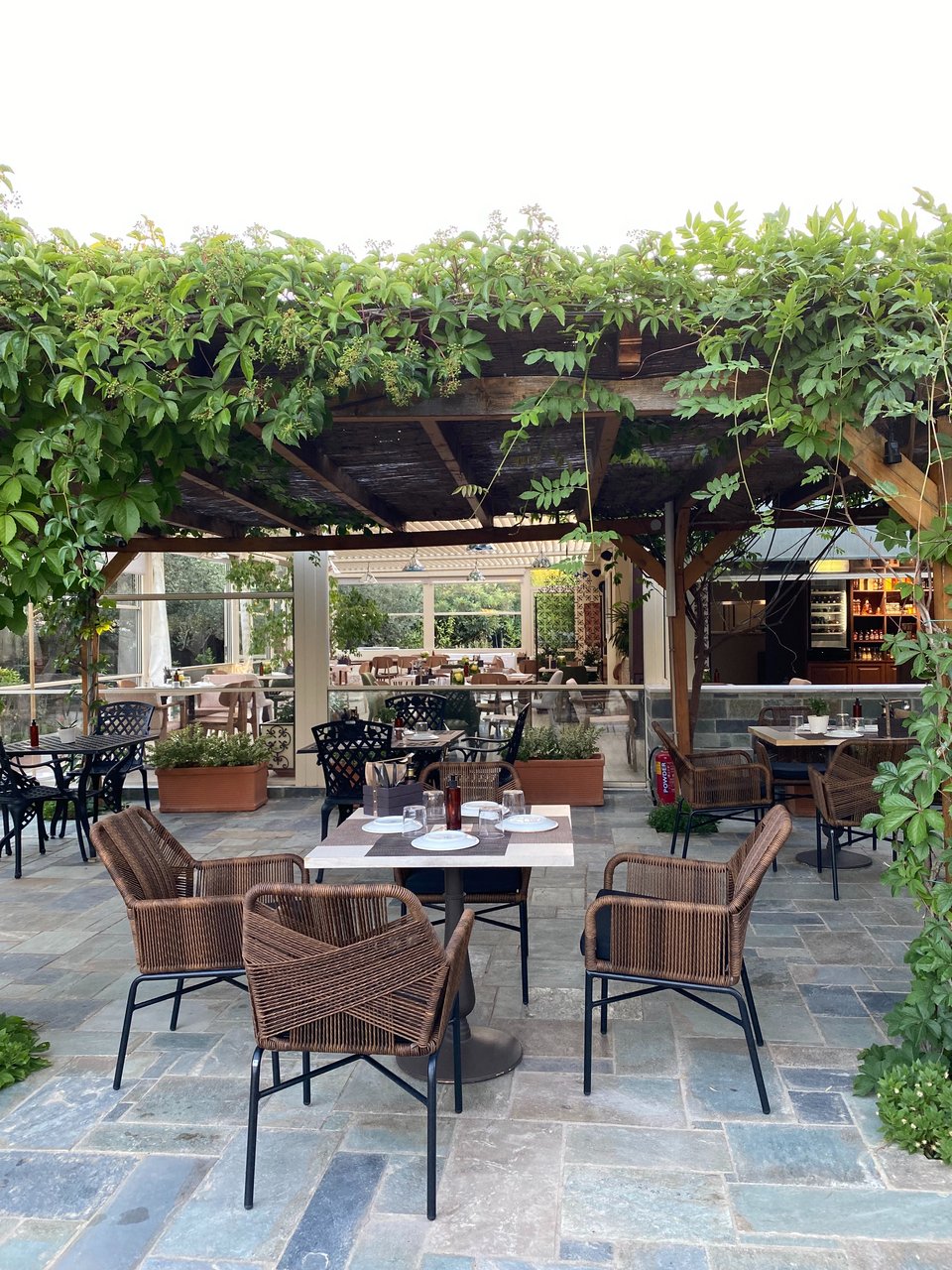 Ο χώρος του εστιατορίου: Τα τραπέζια βρίσκονται κάτω από μια σκιερή πέργκολα ανέμεσα στα μποστάνια. 