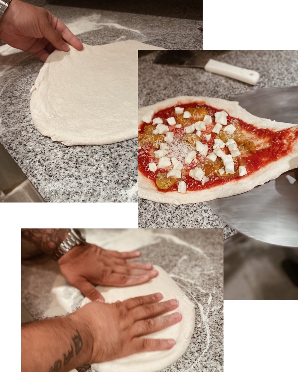 Το μπαλάκι της πίτσας ανοίγεται για να γίνει η βάση της πίτσας. 