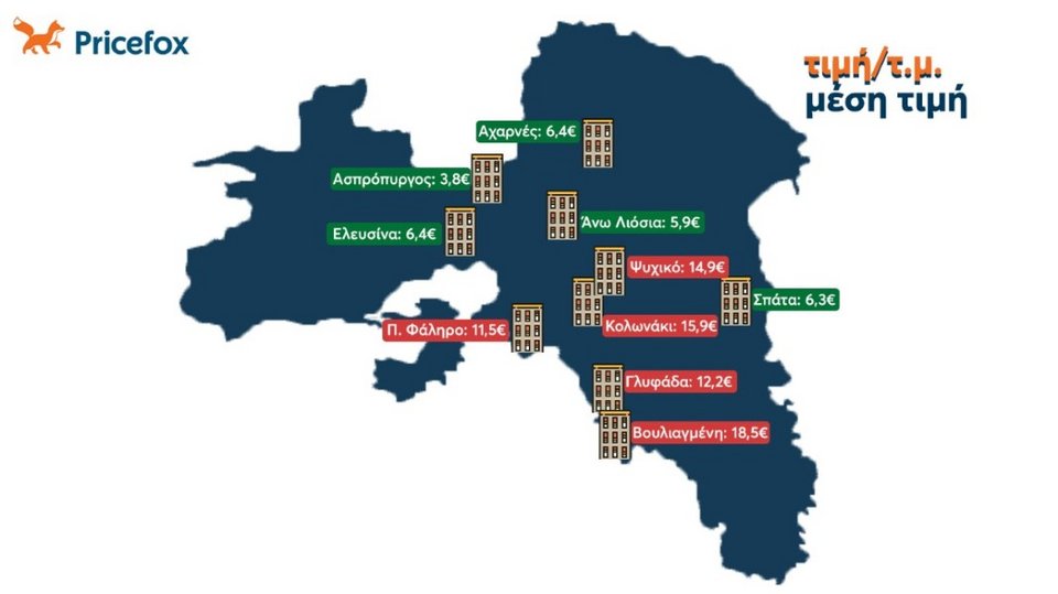 χάρτης με τιμές ενοικίων στην αττική