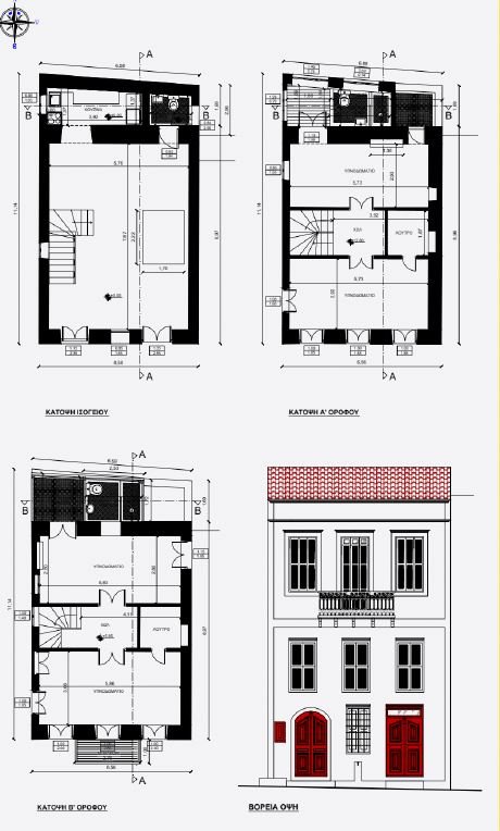 Κατόψεις και όψη του σπιτού που ανήκε σε οικογένεια εμπόρων σφουγγαριών του νησιού.