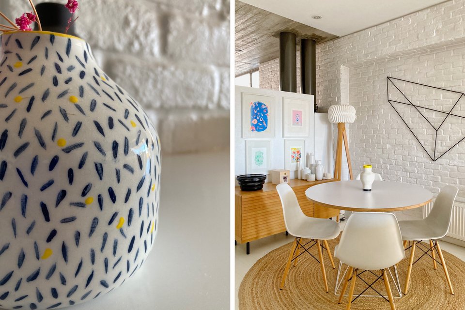 Κίτρινες και μπλε πινελιές δίνουν ποπ χαρακτήρα στην σκανδιναβικού στυλ τραπεζαρία.