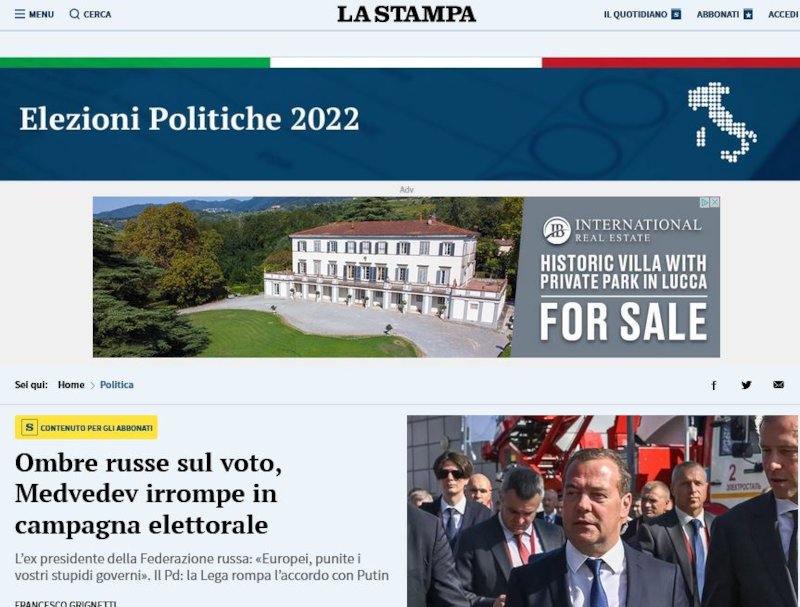To πρωτοσέλιδο της ιταλικής εφημερίδας La Stampa για τις «ρωσικές σκιές» στις ιταλικές εκλογές με την παρέμβαση Μεντβέντεφ στην προεκλογική εκστρατεία