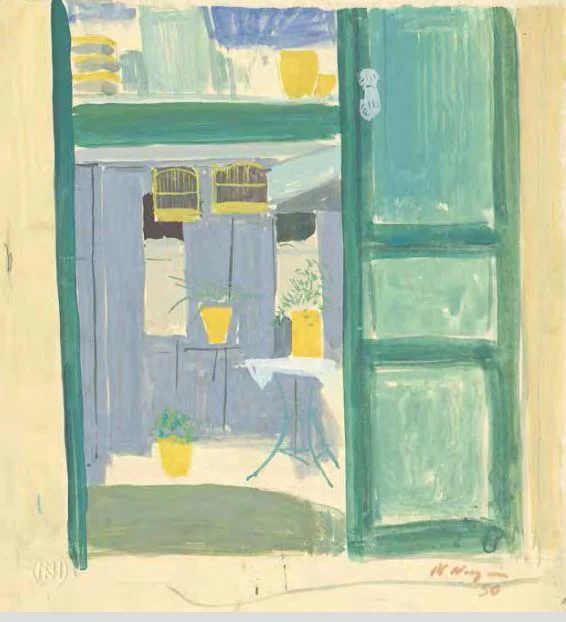 Πόρτα αυλής στην Αίγινα που ζωγράφισε ο Νικολάου το 1950 / Από την έκθεση με τα σχέδια του Νικολάου στο ΜΙΕΤ