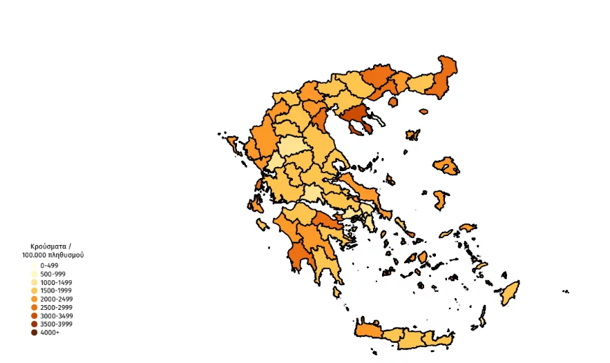 Ο χάρτης της κατανομή των κρουσμάτων ανά 100.000 πληθυσμού 