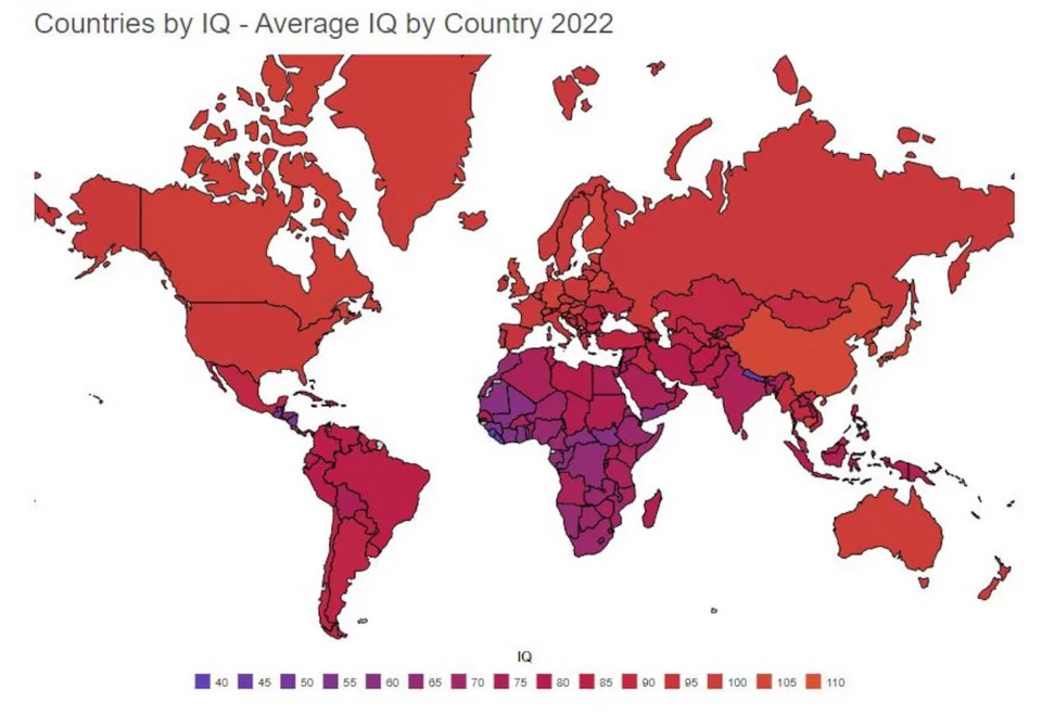 Ο χάρτης IQ του πλανήτη. Με έντονο κόκκινο οι χώρες με την υψηλότερη βαθμολογία, με ιώδης απόχρωση αυτές με την μικρότερη / worldpopulationreview.com