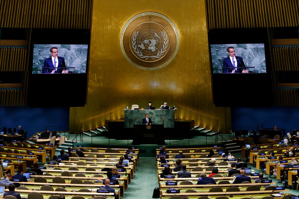 Ο Κυριάκος Μητσοτάκης στο βήμα του ΟΗΕ -Φωτογραφία: ΔΗΜΗΤΡΗΣ ΠΑΠΑΜΗΤΣΟΣ/ΓΡΑΦΕΙΟ ΤΥΠΟΥ ΠΡΩΘΥΠΟΥΡΓΟΥ/EUROKINISSI