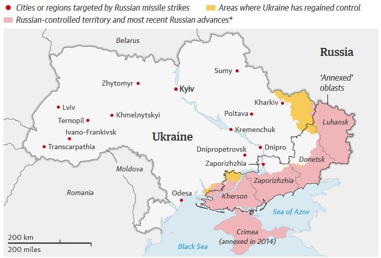 Χάρτης του Guardian με τις επιθέσεις της Ρωσίας στην Ουκρανία