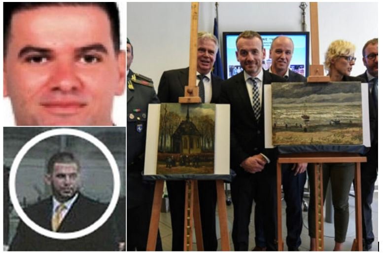 Ο ναρκέμπορας Ραφαέλε Ιμπεριάλε (αριστερά) και οι κλεμμένοι πίνακες του Βαν Γκονγκ (δεξιά).﻿