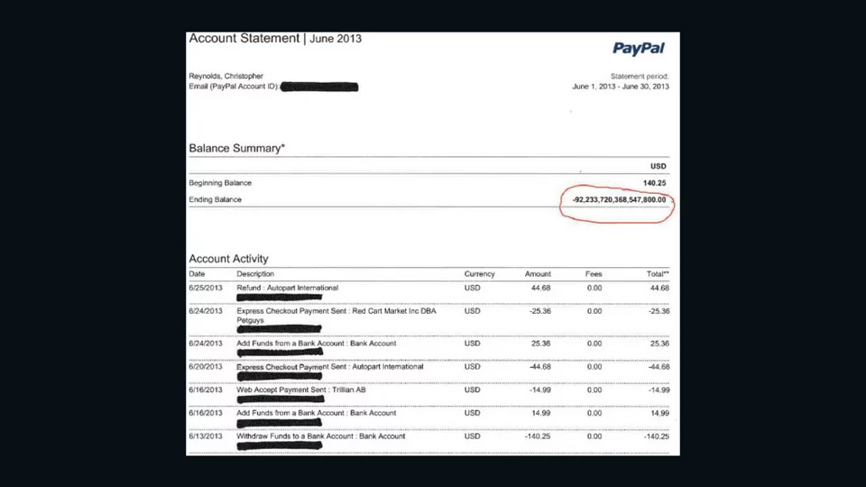 Ο λογαριασμός PayPal του Chris Reynolds πιστώθηκε λανθασμένα με $92,233,720,368,547,800.
