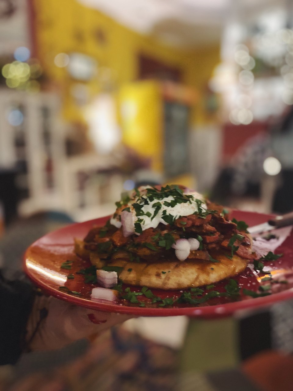 Απάκι χοιρινό πάνω σε πίτα με γιαούρτι και κρεμμύδι. 