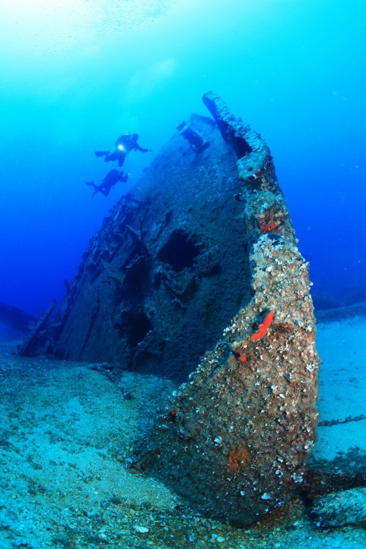 Ο «Αφρικανός Μαρκήσιος». Η πλώρη προκαλεί δέος καθώς ακουμπάει με έμπλωρη κλίση στον βυθό, ενώ η καδένα της άγκυρας κρέμεται στο κατάστρωμα / Φωτογραφία ΑΠΕ-ΜΠΕ