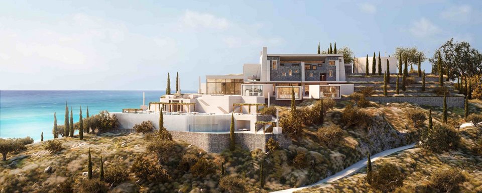 Οι βίλες του One & Only Kea Island θα είναι αμφιθεατρικά χτισμένες σε μια πλαγιά.
