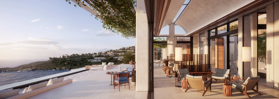 Η κεντρική πισίνα υπερχείλισης διαθέτει χτιστό lounge για χαλάρωση μετά το κολύμπι.