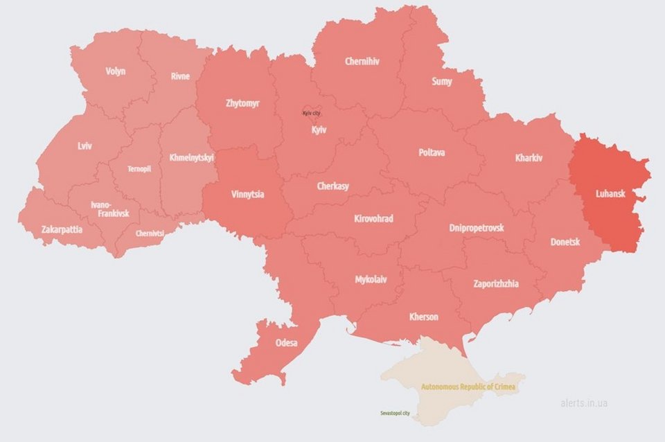 Χάρτης των περιοχών της Ουκρανίας όπου ήχησαν ξανά το πρωί οι σειρήνες - Με κόκκινο οι περιοχές όπου ήχησαν παρατεταμένα