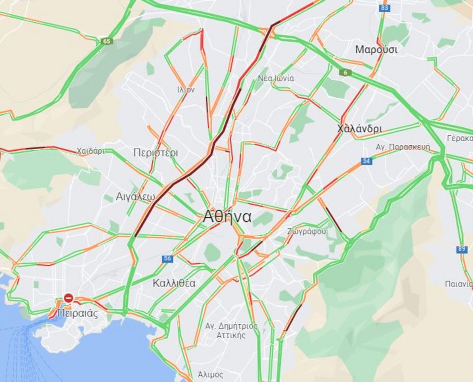 Η κίνηση στους δρόμους της Αθήνας / google maps