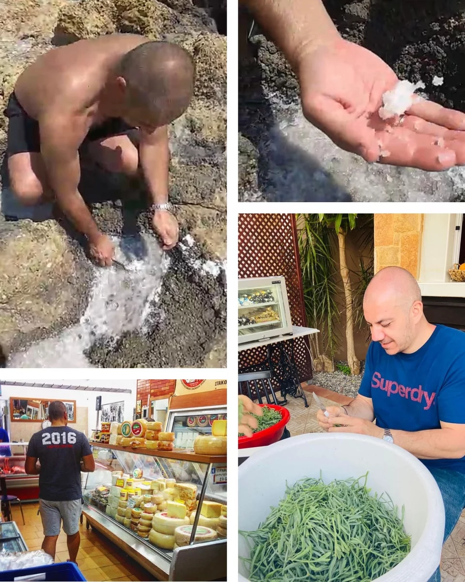 Όλα τα υλικά επιλέγονται με μεγάλη προσοχή. Εδώ ο Πέτρος μαζεύει αλάτι από τα Σφακιά, επιλέγει τυρία από κρητικά τυροκομεία, καθαρίζει το κρίταμο, το «θαυματουργό» βότανο της Κρήτης.