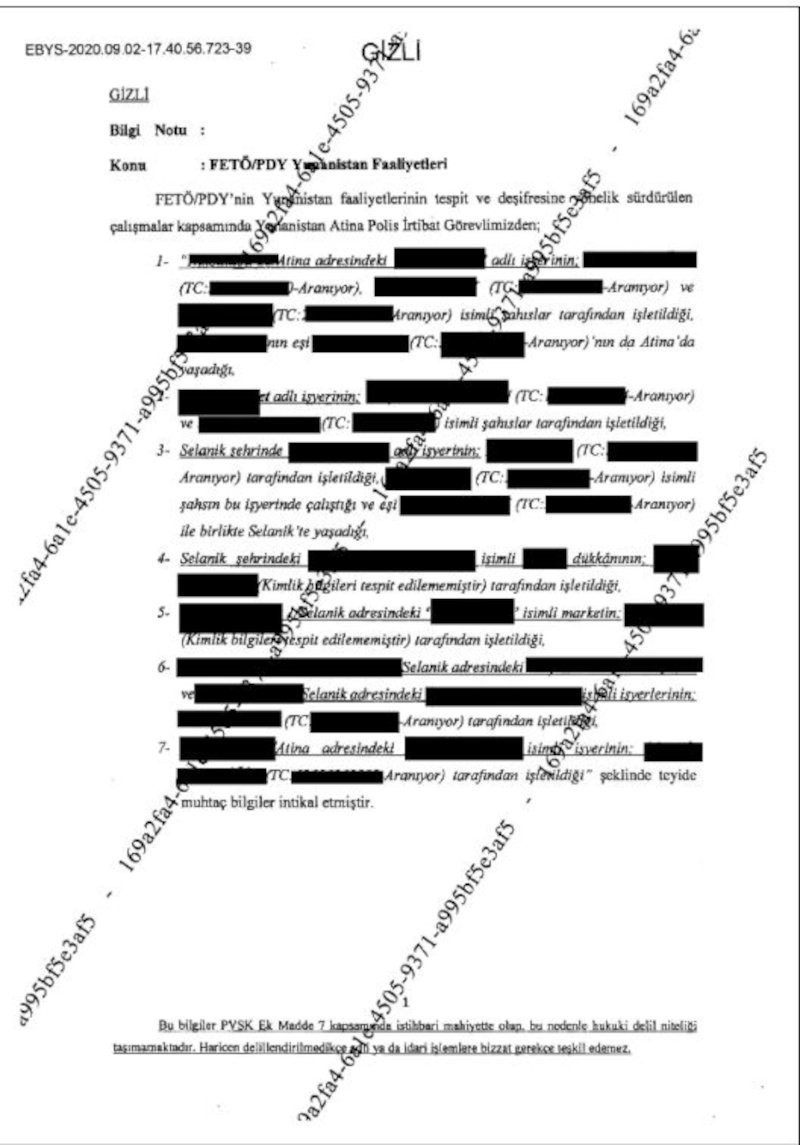 To απόρρητο έγγραφο της Γενικής Διεύθυνσης Ασφάλειας της Τουρκίας για τη μυστική επιχείρηση παρακολούθησης Γκιουλενιστών στην Ελλάδα, που έφερε στο φως το Nordic Monitor