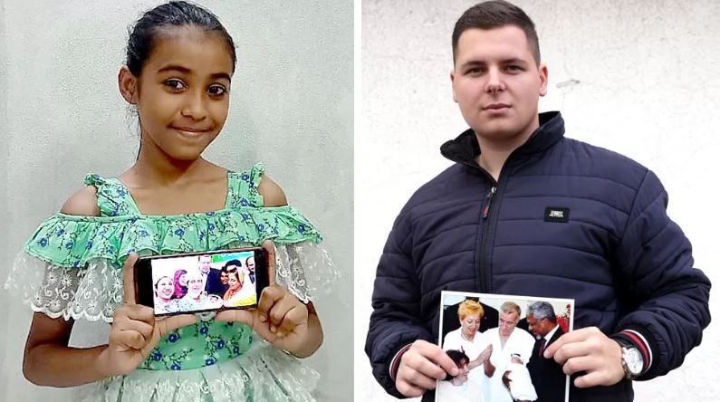 Η Sadia Sultana Oishee και ο Adnan Mevic, κρατώντας φωτογραφίες τους με αξιωματούχους κατά τη γέννησή τους 