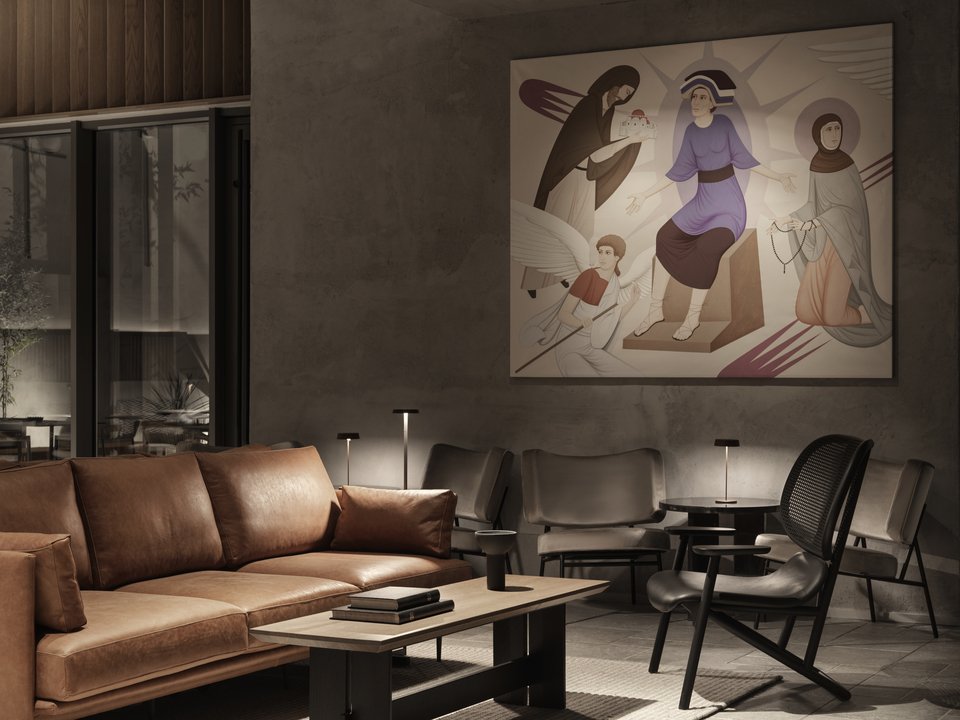 Ακόμα και οι πίνακες, όπως αυτός στο lounge area, έχουν αναφορές στη βυζαντινή θρησκευτική τέχνη