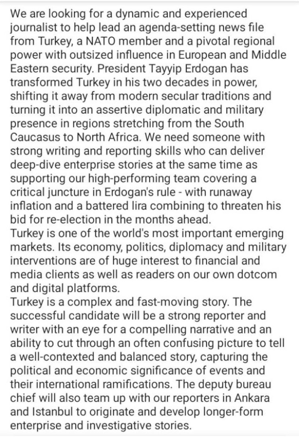 Η αγγελία του Reuters για τη θέση δημοσιογράφου στην Τουρκία / linkedin