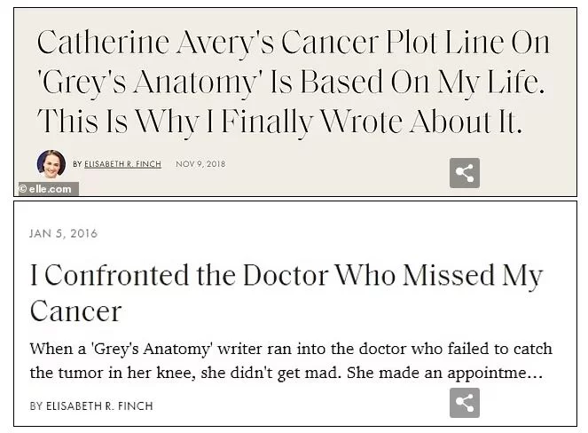 Η Finch έγραψε πολλά δοκίμια και άρθρα για δημοσιεύματα όπως το ELLE και το The Hollywood Reporter περιγράφοντας λεπτομερώς τη μάχη της με τον καρκίνο των οστών