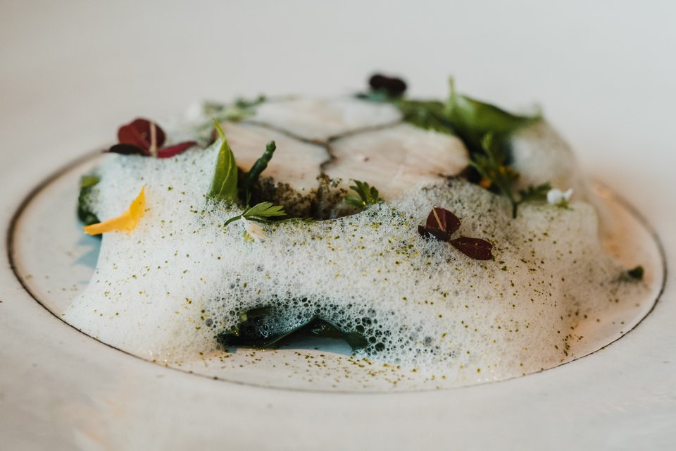 Φρέσκος μπακαλιάρος σε πούδρα από αμπελόφυλλα τουρσί, λαγόχορτο, άγρια χόρτα εποχής και πέρλες από προζυμένιο κουρκούτι / Φωτογραφία: Παναγιώτης Μάλλιαρης/iefimerida