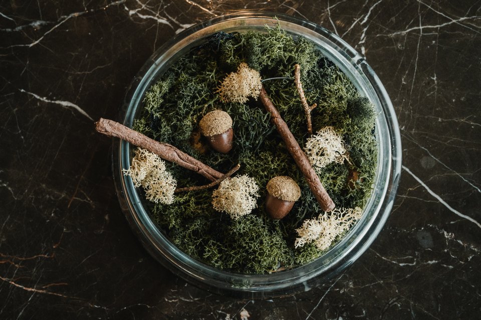 Το γλυκό Mignardise με εικόνικό χαρούπι φτιαγμένο με ganache από χαρούπι με κακάο, εικονικά ξύλα κανέλας από άμυλο πατάτας με κανέλα και bitter σοκολάτα και εικονικά βελανίδια, με κρέμα από ψητά βελανίδια, βούτυρο-κακάο, και σκόνη από αποξηραμένα μανιτάρια  / Φωτογραφία: Παναγιώτης Μάλλιαρης/iefimerida