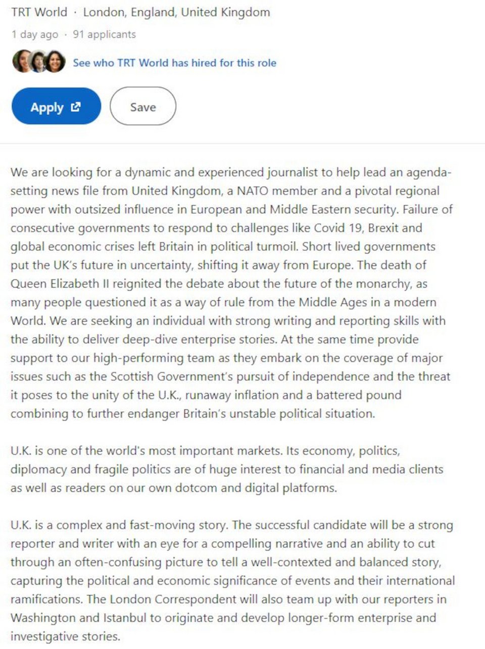 Η «απάντηση» του TRT World για την αγγελία του Reuters / Linkedin