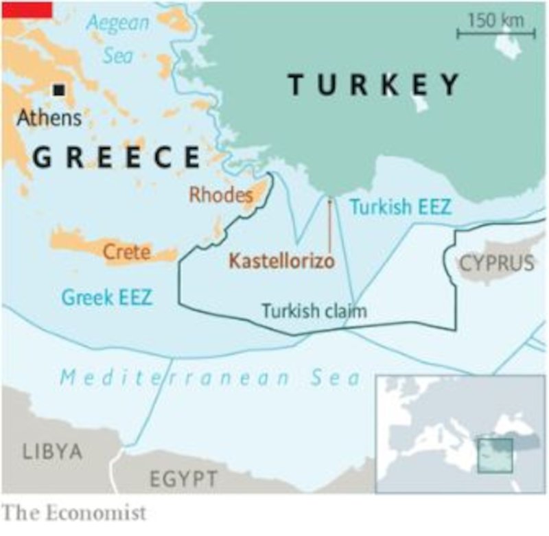 Ο χάρτης στο άρθρο του Economist  παρουσιάζει ως αντικρουόμενους ισχυρισμούς τις παράνομες βλέψεις της Τουρκίας προς τη διεθνή νομιμότητα 