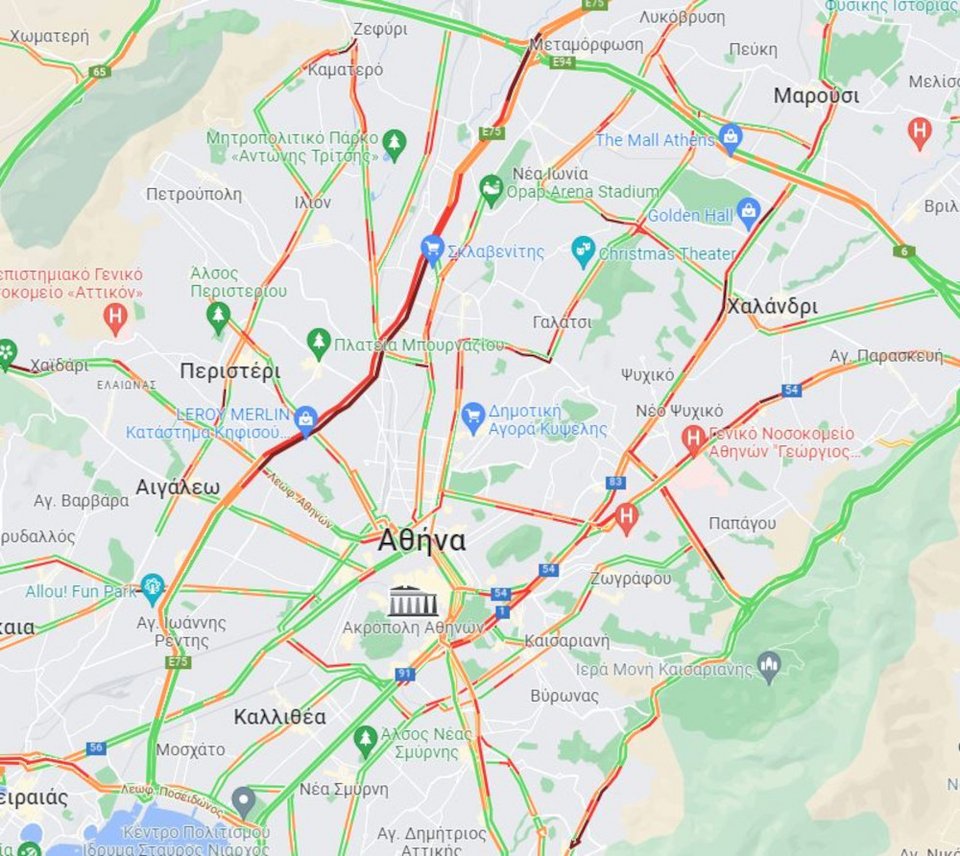 Η κίνηση στους δρόμους στις 7:45 το πρωί της Παρασκευής / google maps